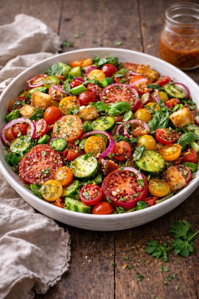 Tomat-, basilikum- og agurkpanzanella