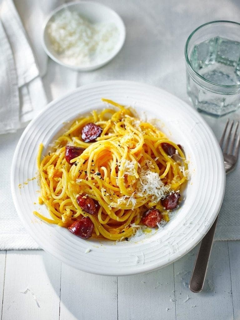 Pasta Carbonara med Chorizo og Aromasopp