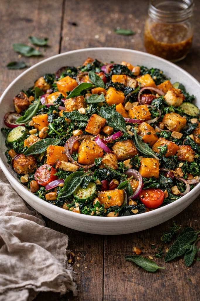 Panzanella med ovnsstekt squash, salvie og hasselnøtter