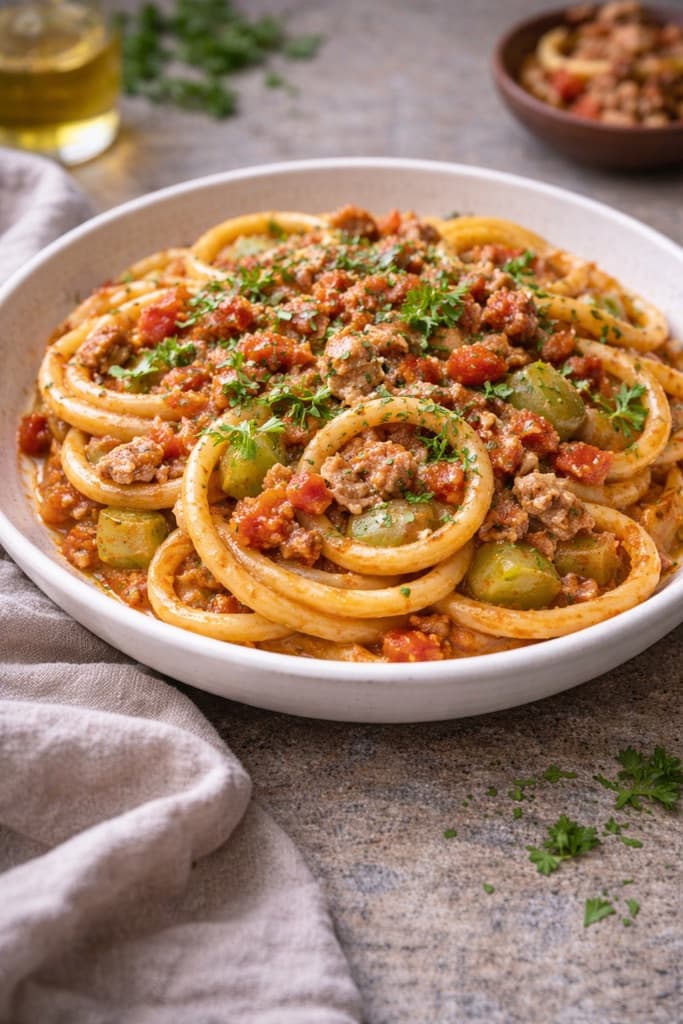 Bucatini med grønne tomater