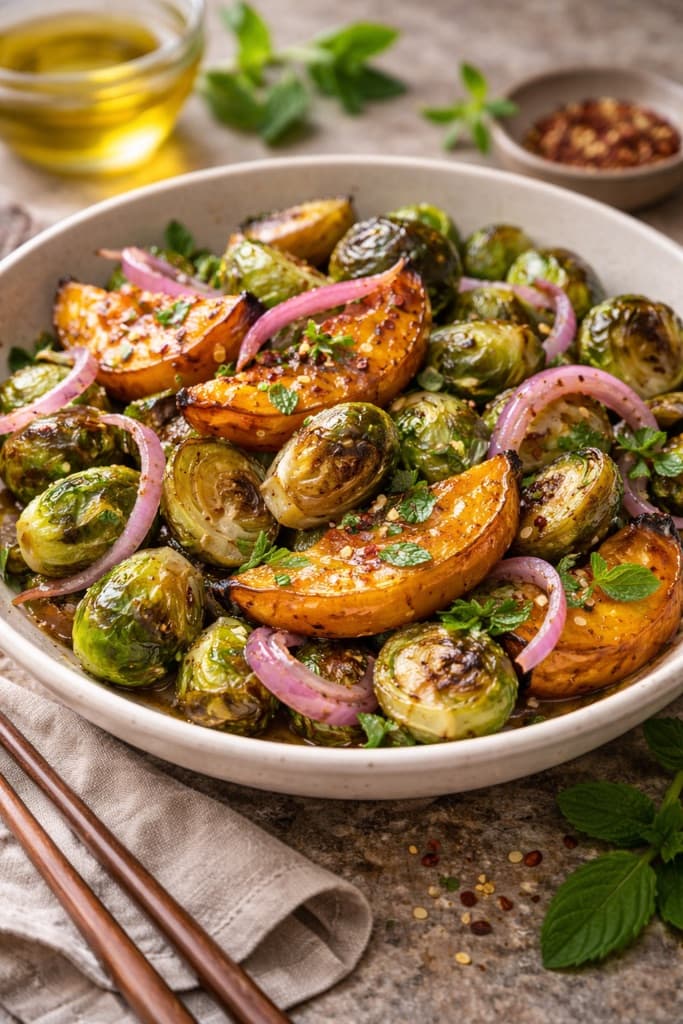 Ristede butternutgresskar og rosenkål agrodolce