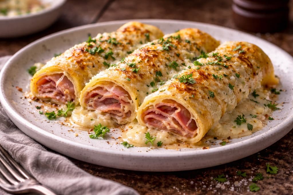 Pannekaker med Ost og Lufttørret Skinke