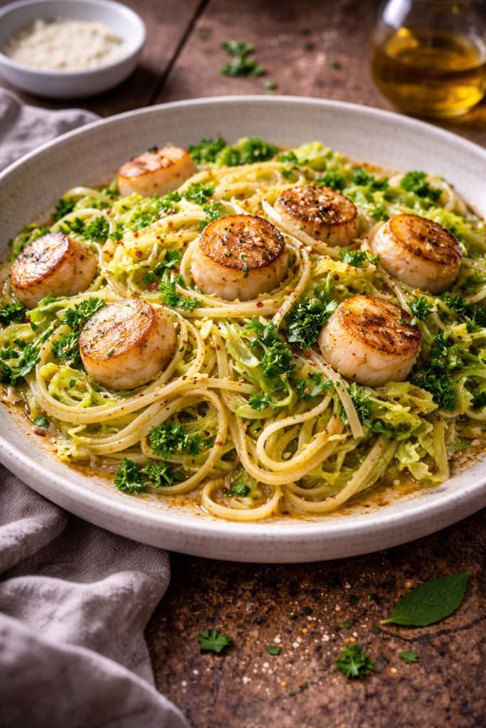 Tagliolini med Kamskjell og Hodesalat