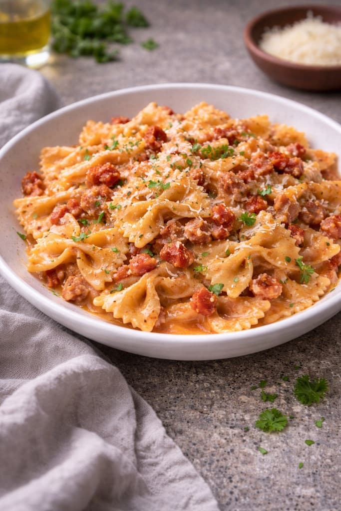 Farfalle med røkt pancetta