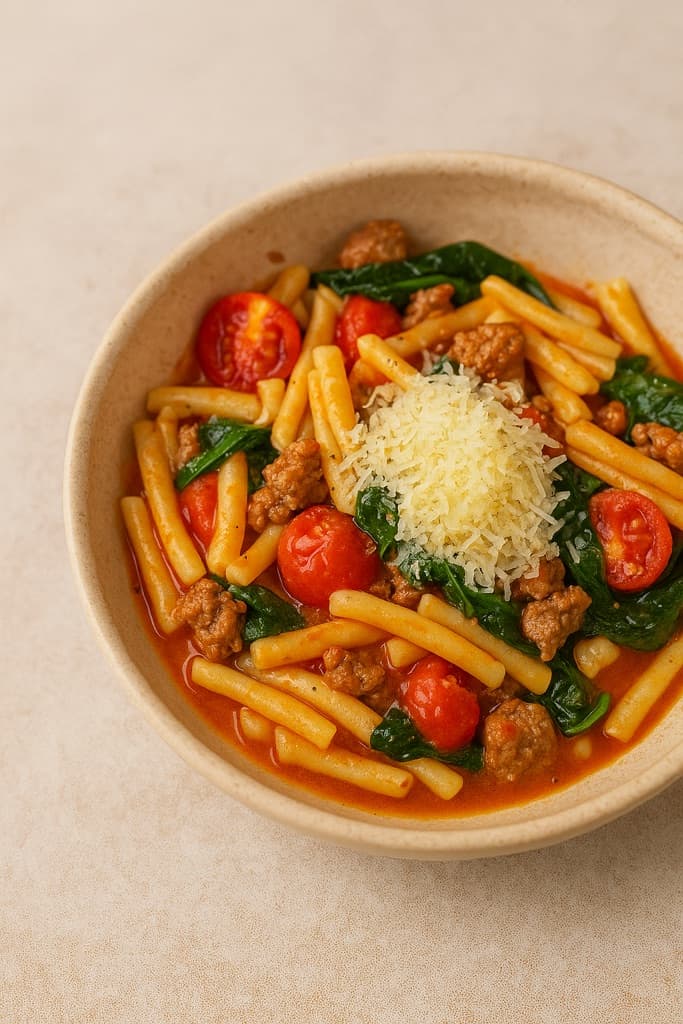 Alt-i-ett pastagryte med salsiccia, cherrytomater og spinat