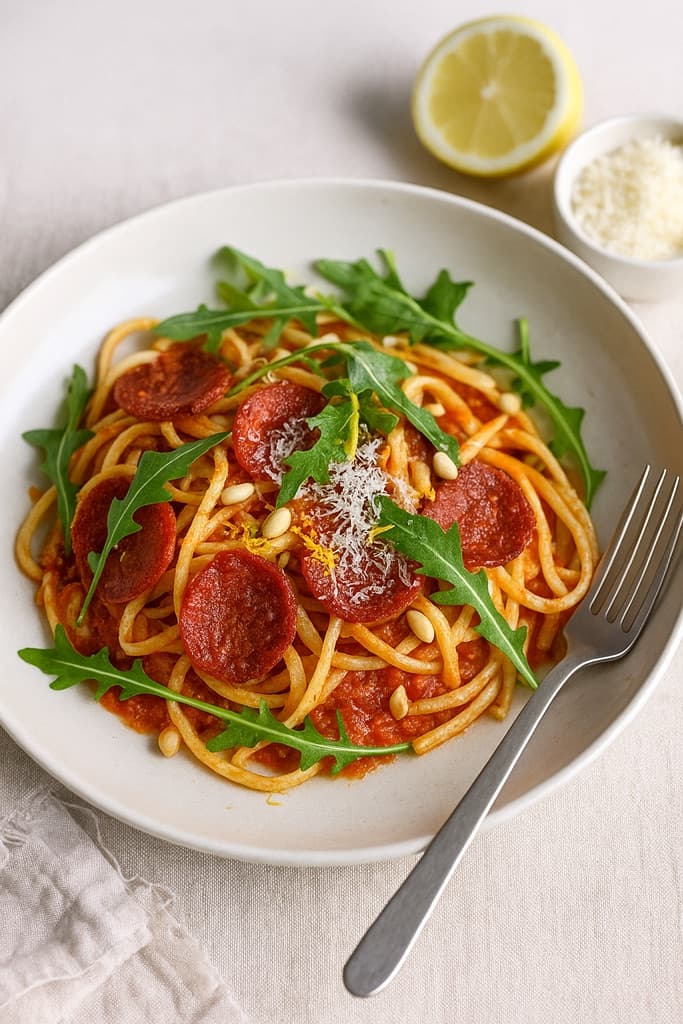 Linguine og sprøstekt pepperoni med spansk tomatsaus, ruccola og pinjekjerner