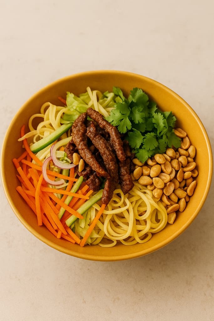 Thaisalat med storfestrimler, eggenudler, ristede peanøtter og koriander