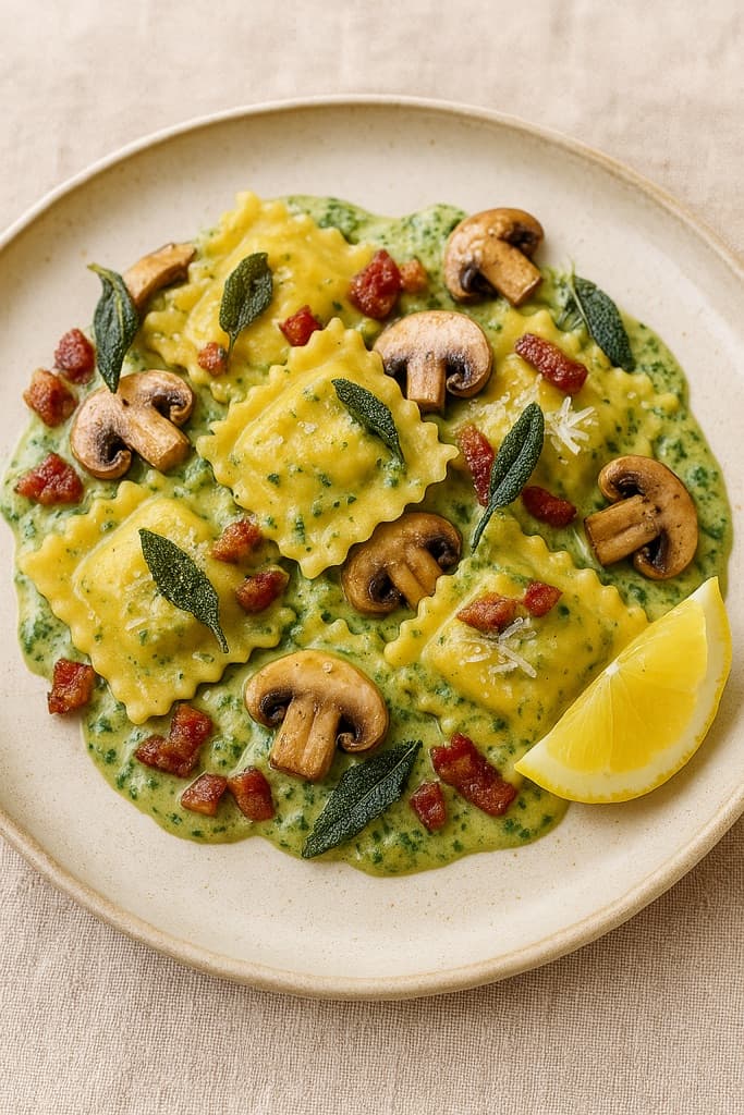 Girasoli med pesto, sjampinjong i kremet spinatsaus, servert med sprøstekt bacon og salvie