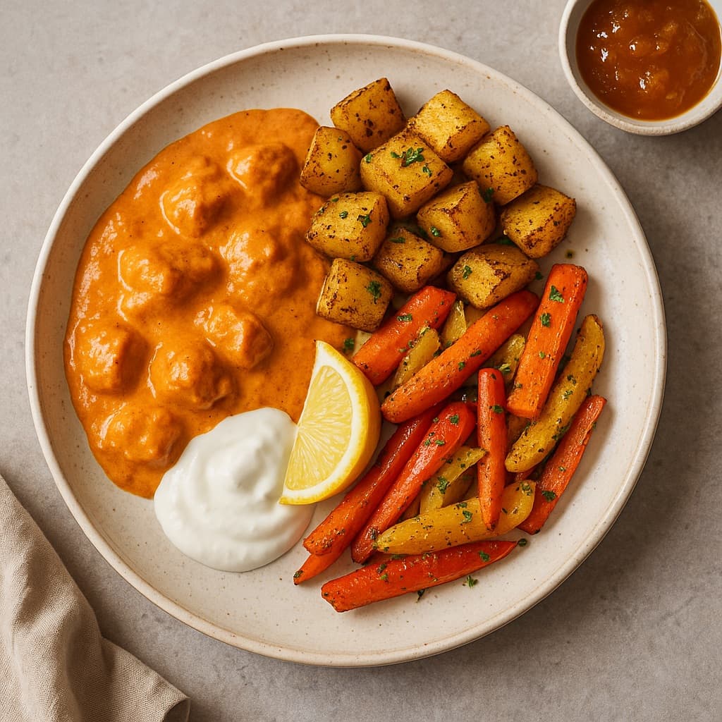 Butter chicken med masalapoteter, karribakte grønnsaker og mangochutney