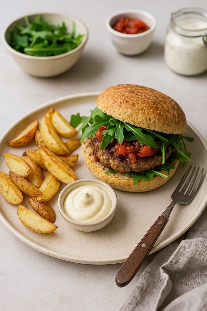 Salsicciaburger med tomatkompott og ruccola, servert med potetbåter og aioli
