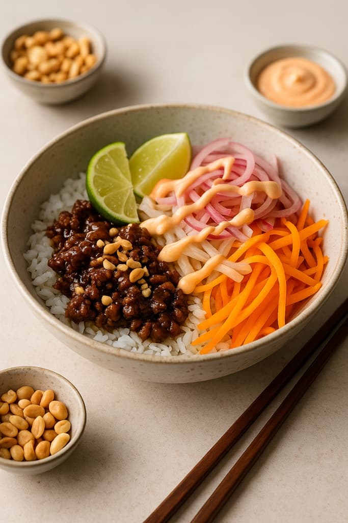 Rice bowl med kvernet storfe, yakiniku-saus, hurtigsyltet fennikel og chilimajones