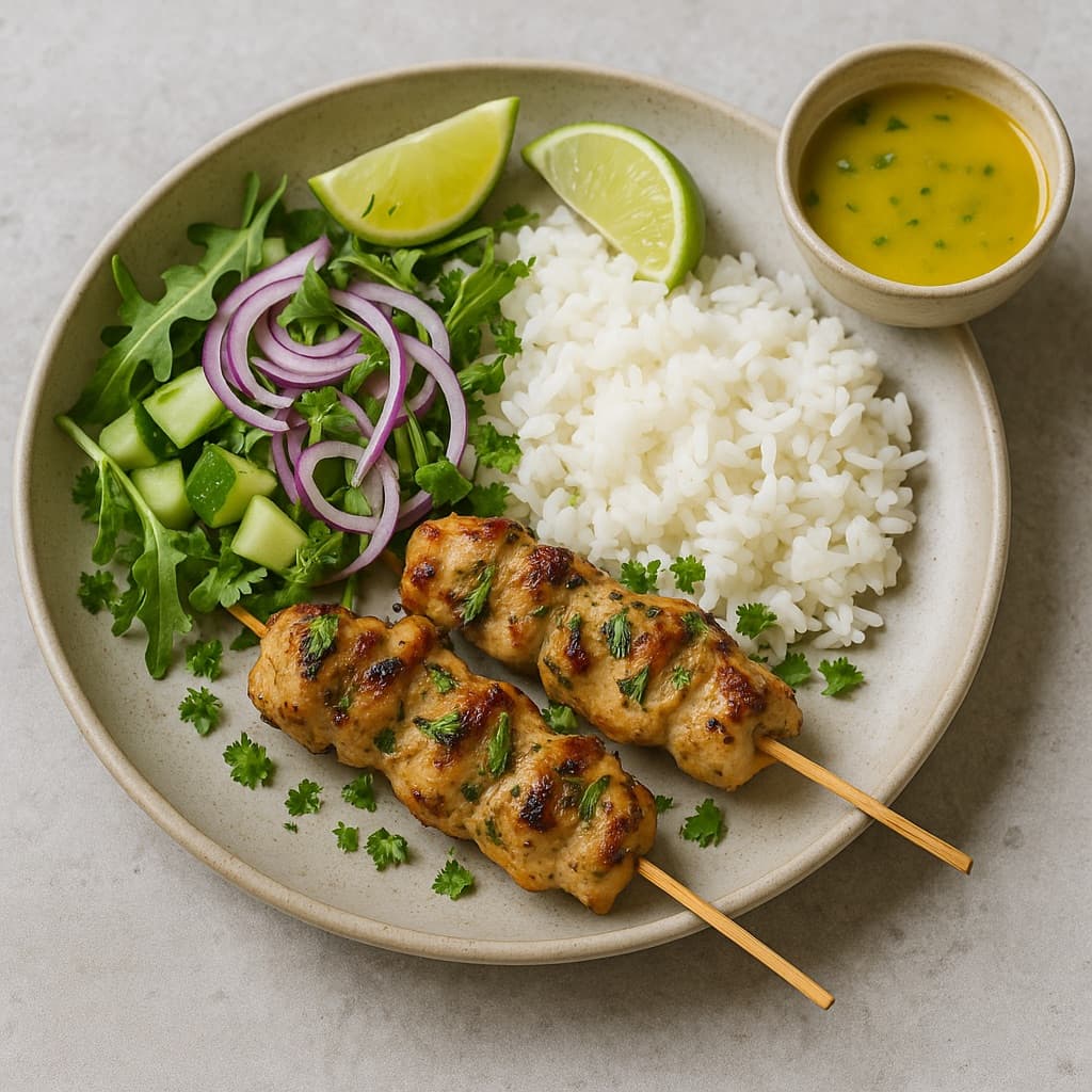 Krydrede kyllingspyd med frisk salat, jasminris og curry- og mangodressing
