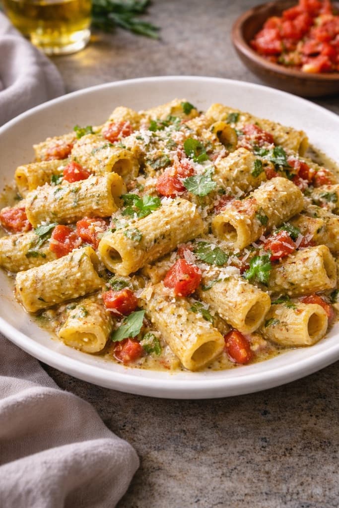 Rigatoni med fløte, pesto og tomater