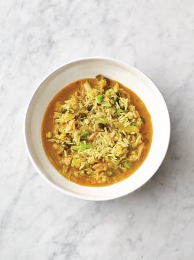 Korma suppe med ris og reker