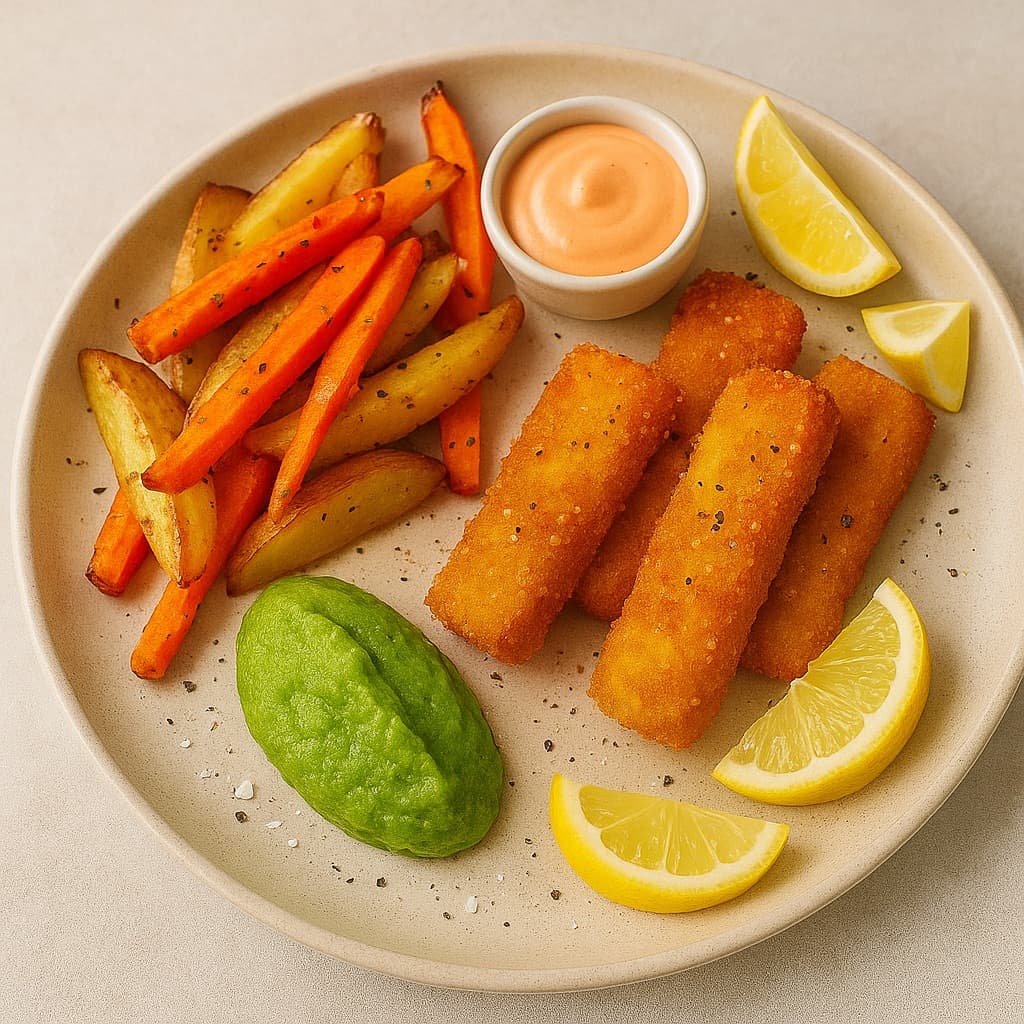 Hjemmelagde fiskepinner med ovnsbakte poteter og gulrøtter, ertepuré og srirachaaioli