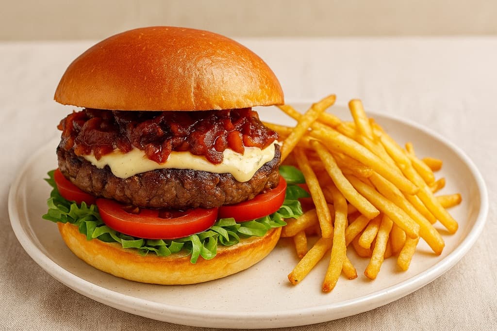 Storfeburger med Grana Padanokrem, bacon- og løkmarmelade og shoestringfries