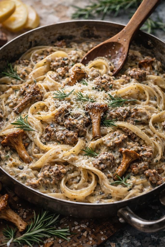 Kremet salsiccia- og traktkantarellpasta