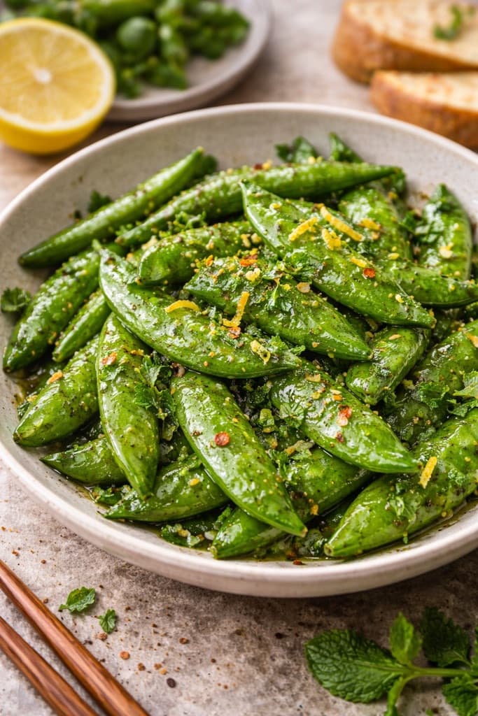 Sauterte sukkererter med chili og mynte