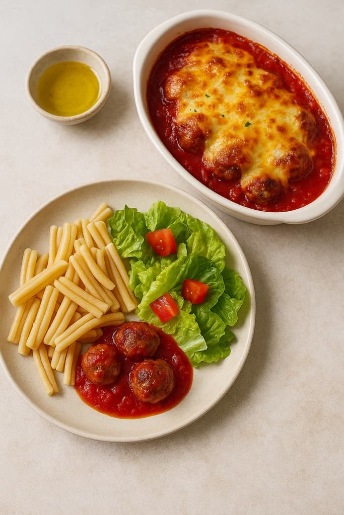 Gratinerte kjøttboller i tomatsaus servert med pasta casarecce og frisk salat