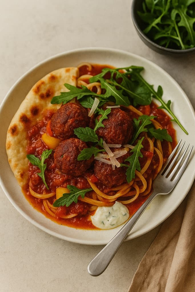 Chorizokjøttboller i tomatsaus med urter og linguine, servert med ruccola og Grana Padano