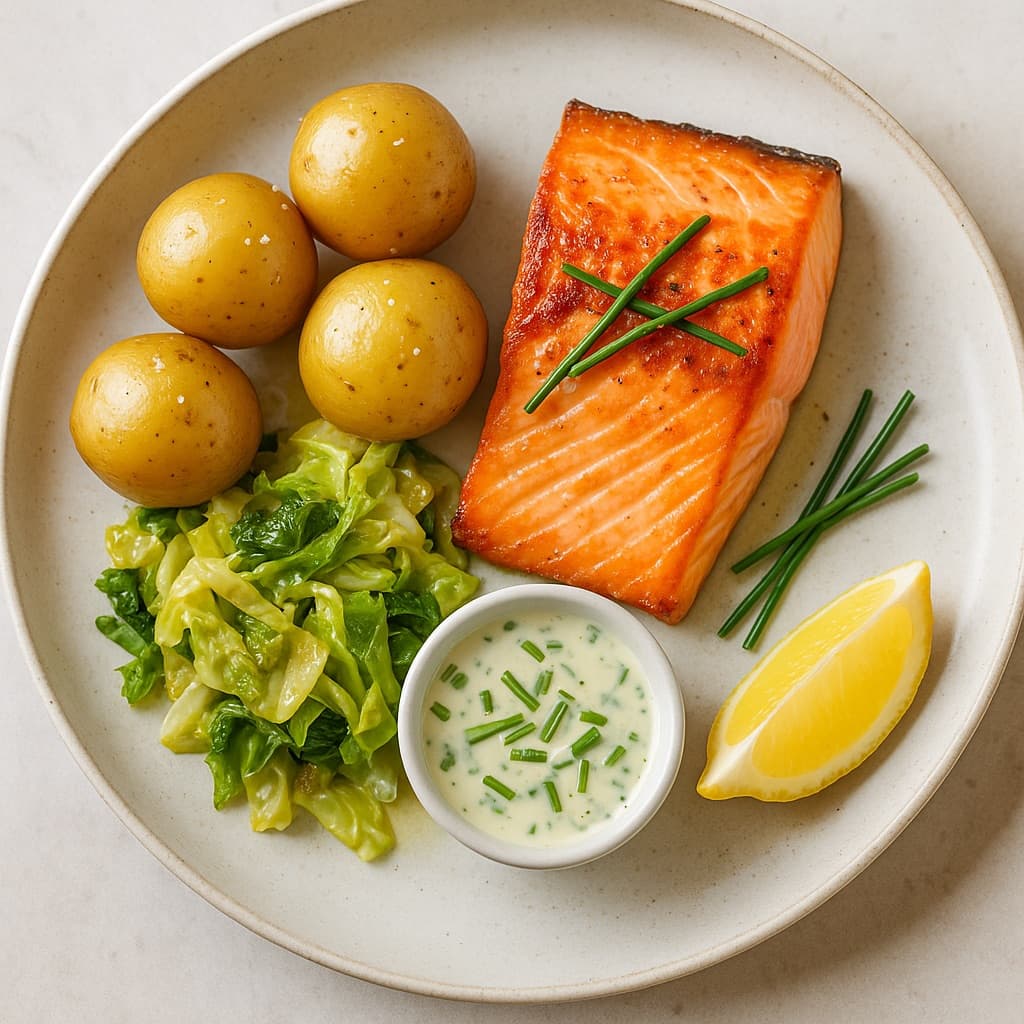 Ovnsbakt laks med eple- og gressløkdressing, kokte poteter og stekt savoykålblanding