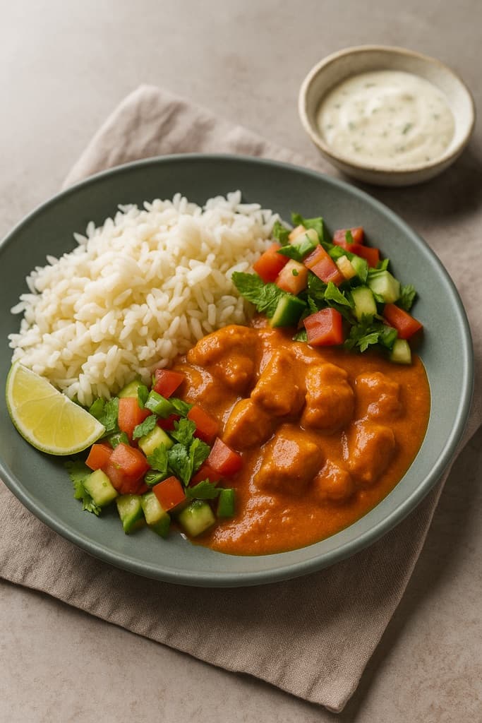 Indisk butter chicken med basmatiris og kachumbersalat, servert med krydret yoghurt