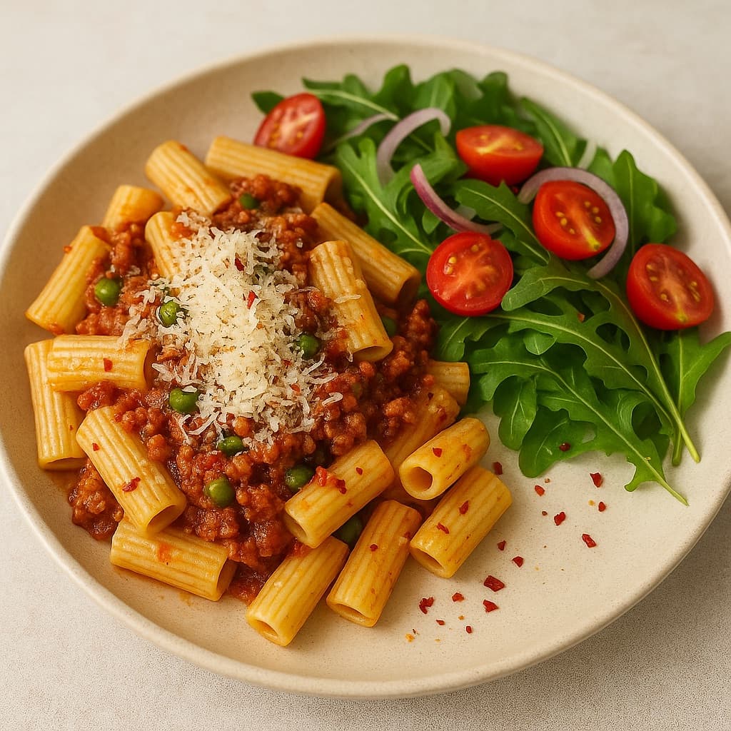 Rask pasta bolognese med cherrytomatsalat, ruccola og lagret ost