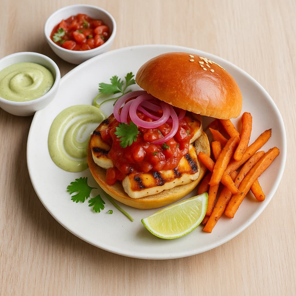 Halloumiburger med tomatsalsa, avokadodressing og gulrotfries