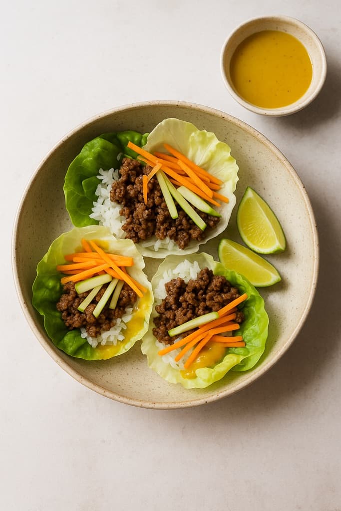 Asiatisk wokket kjøttdeig i hjertesalat med grønnsaker, jasminris og curry- og mangodressing