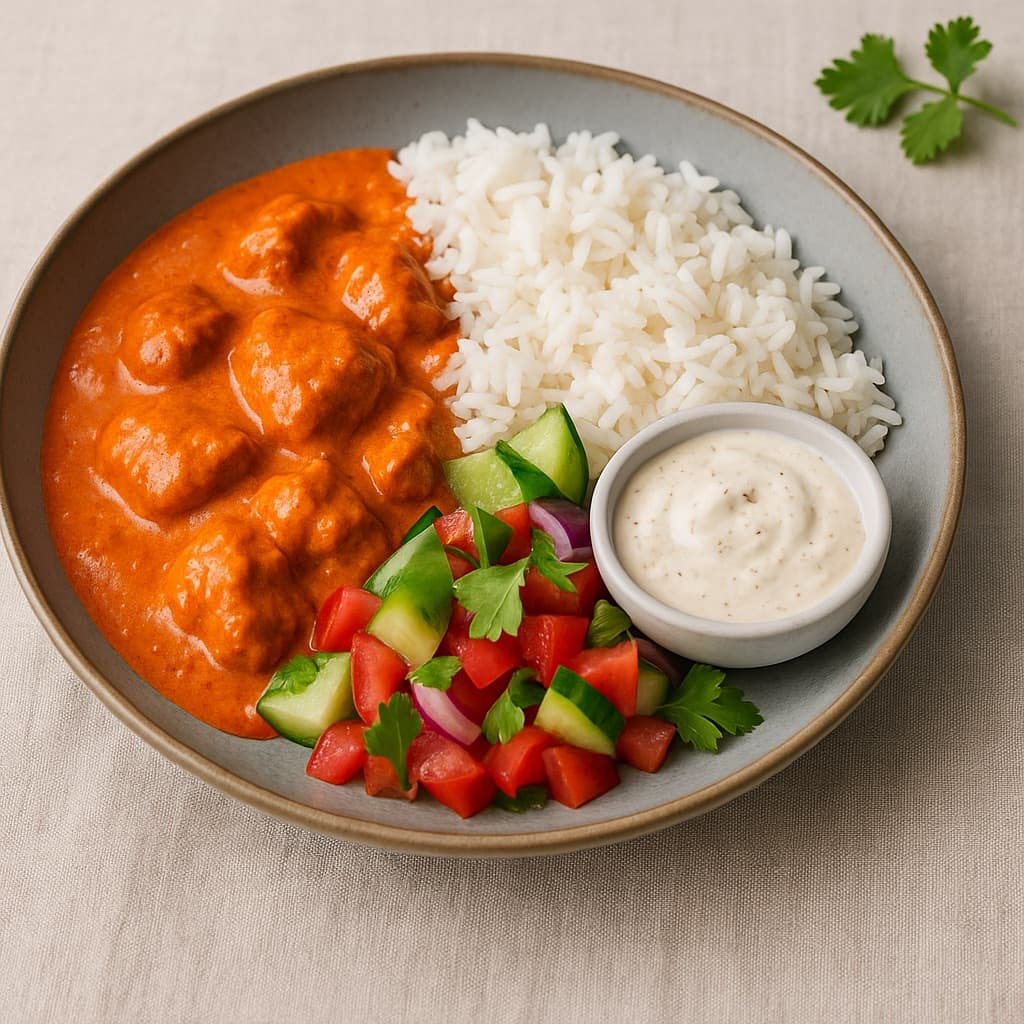 Indisk butter chicken med basmatiris og kachumbersalat, servert med krydret yoghurt