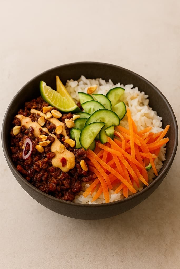 Rice bowl med hoisinstekt kjøttdeig, løk, lettsyltet agurk, chilimajones og peanøtter