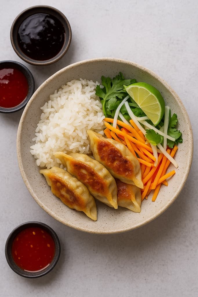 Gyoza med salsicciadeig, ingefær og vårløk, servert med jasminris, rettichsalat og hoisinsaus