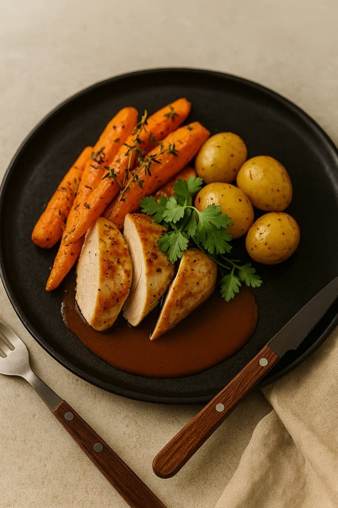 Kyllingbryst med appelsin- og timianbakte gulrøtter, kokte poteter og rødvinssaus