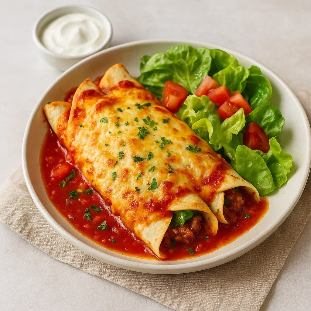 Enchiladas med kjøttdeig, tomatsaus og ost, servert med frisk salat
