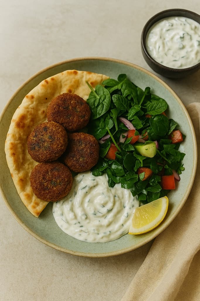 Falafeler i nanbrød med myntesalat og tzatziki