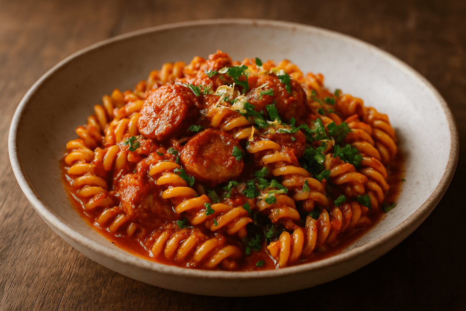 Fusilli med salsiccia, nduja og tomatsaus
